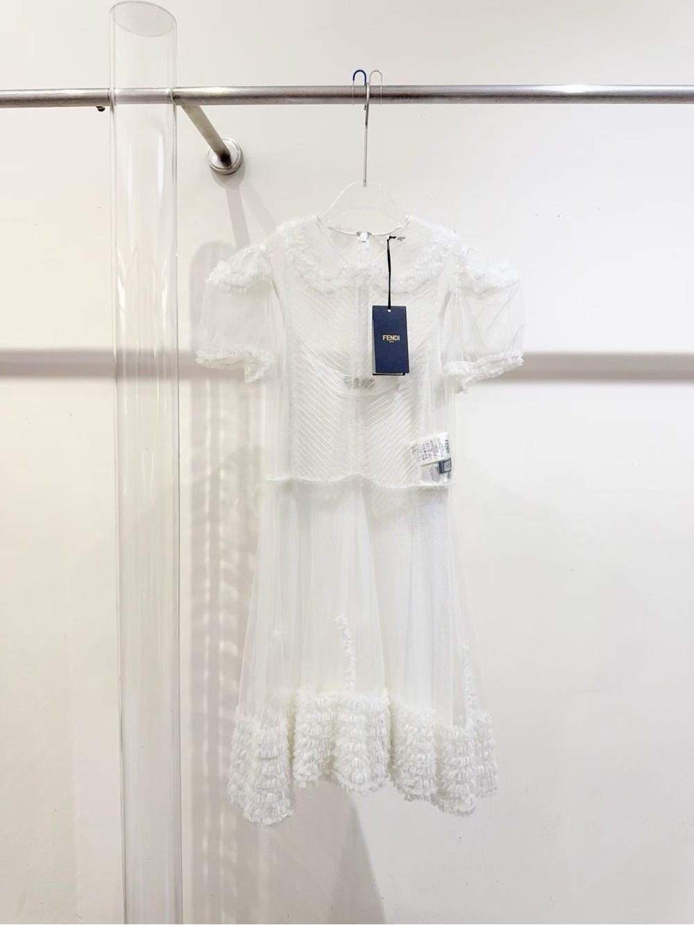 🚩steal Fendi White Tulle Lace-Trim Midi Dress